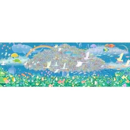 close-up detail of the Dreamy Dreams artwork showing swans, rainbows and meadow flowers