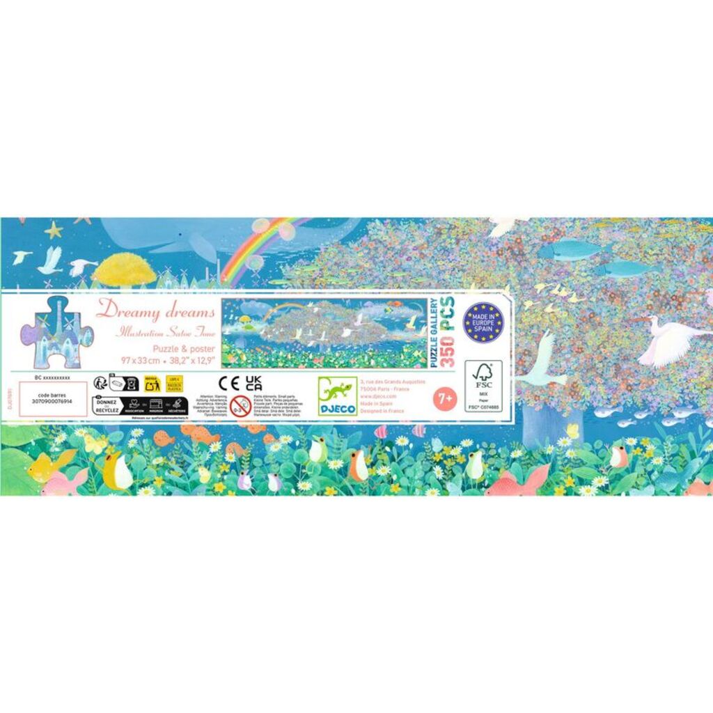 Djeco Dreamy Dreams 350-piece Gallery puzzle featuring flying swans, rainbows and a detailed colourful meadow