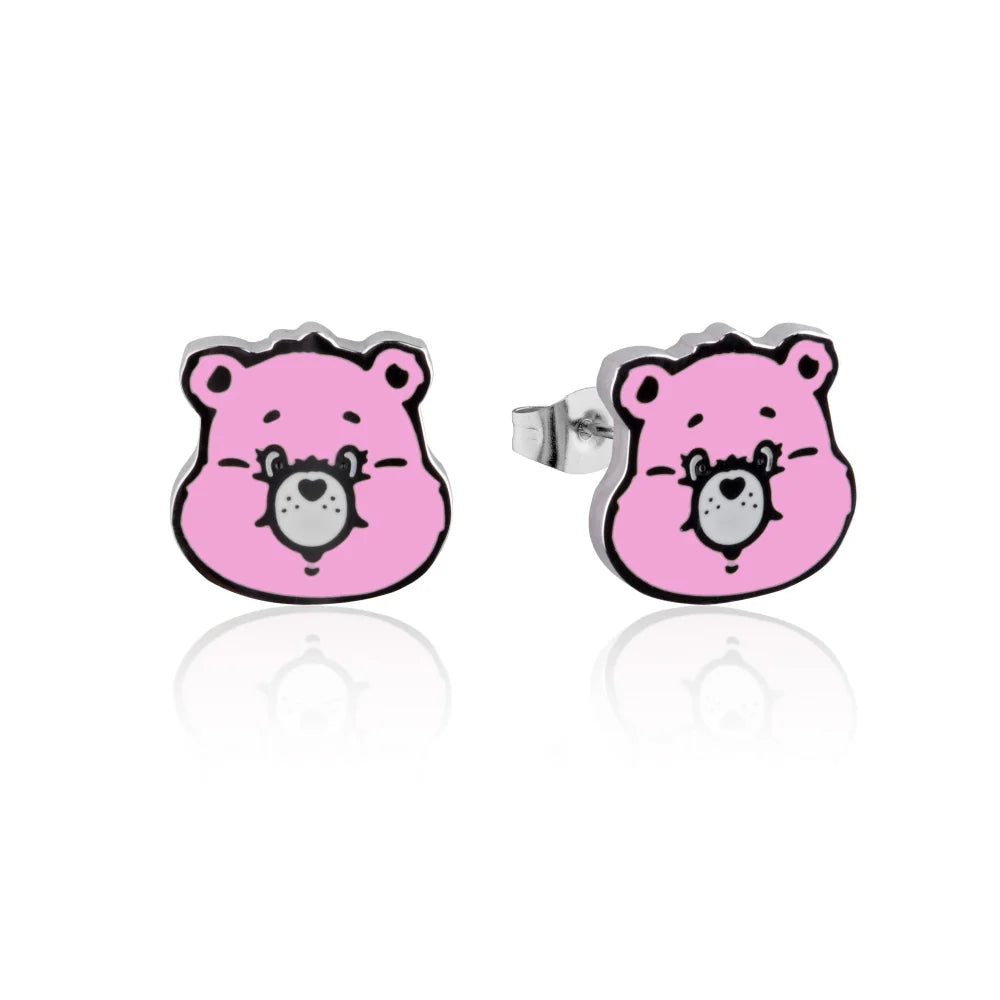 ECC x Care Bears™ Cheer Bear™ enamel stud earrings featuring colourful pink character design and stainless steel finish