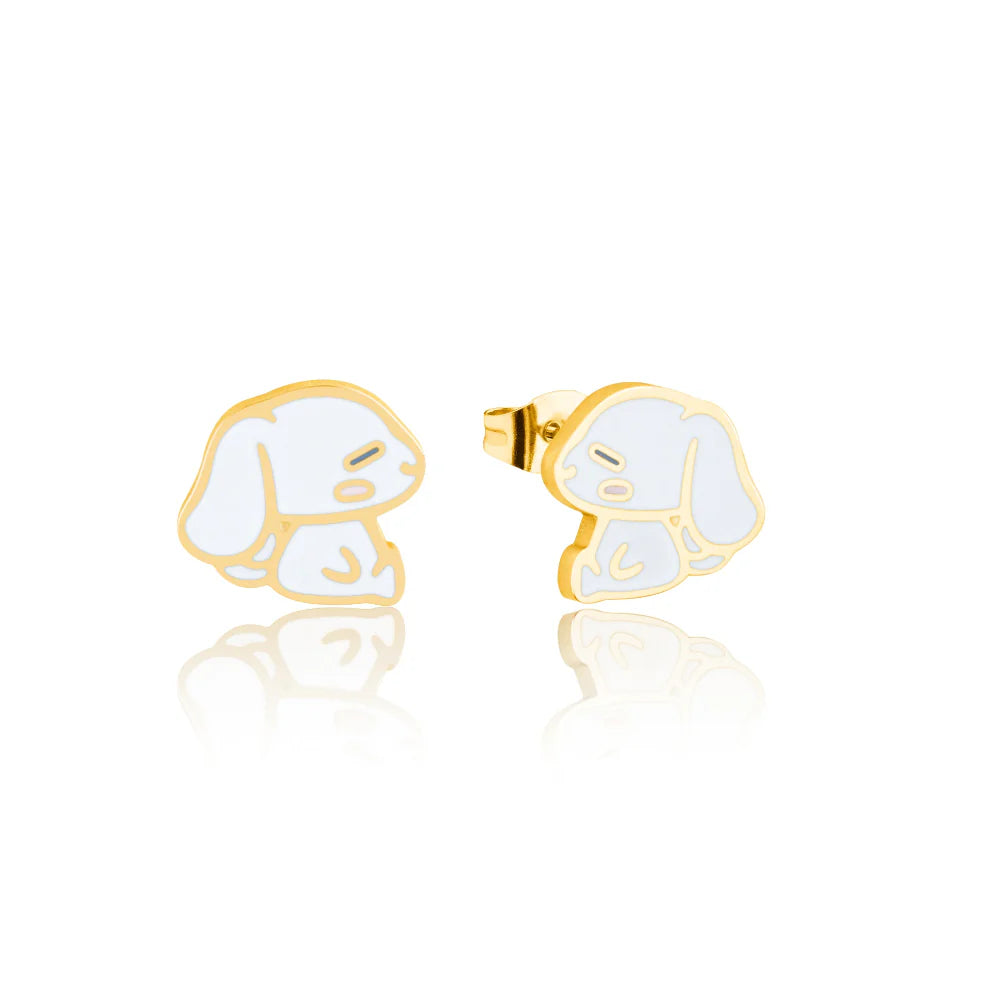 ECC x Sanrio® Cinnamoroll® gold stud earrings featuring enamel character design with high-shine gold finish