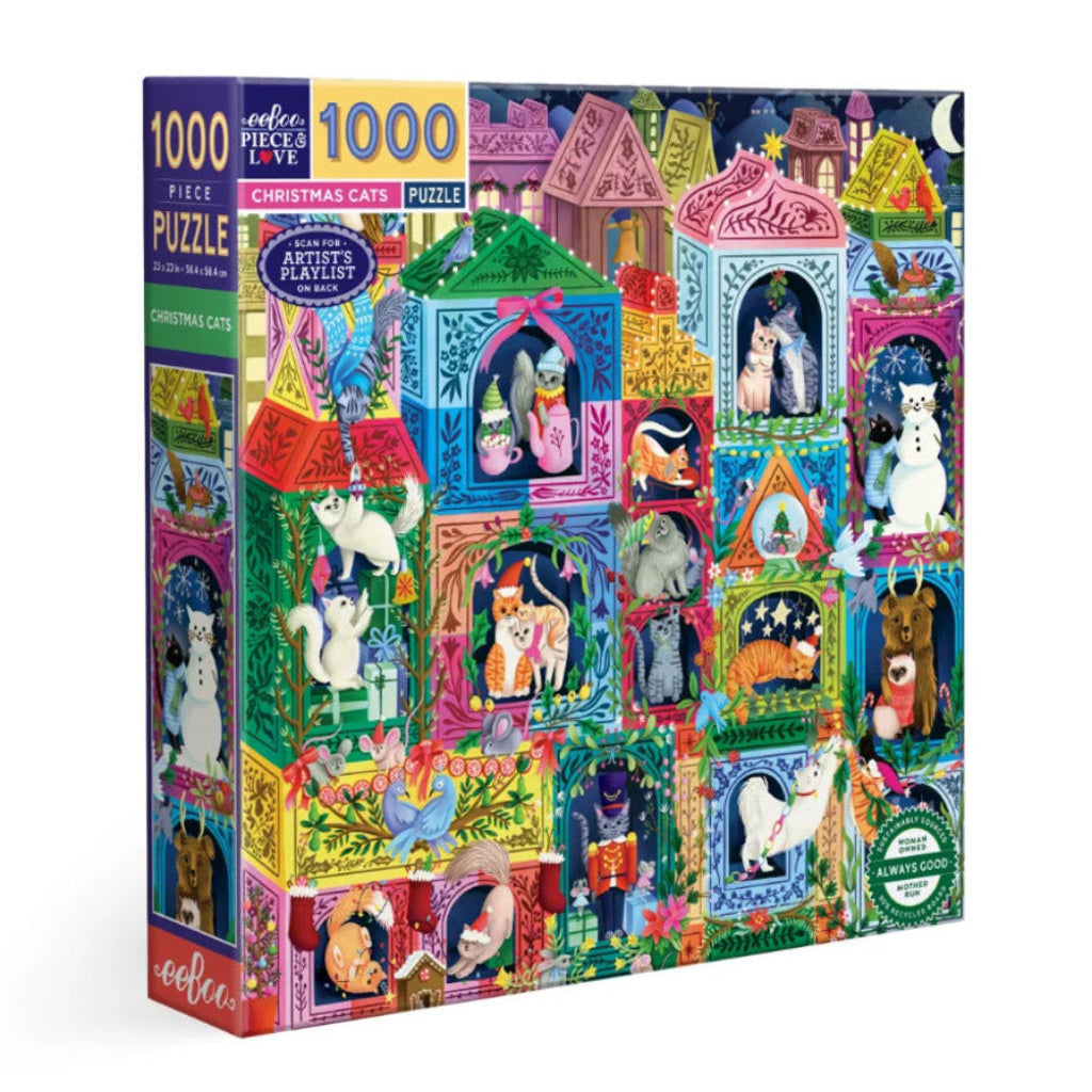 eeBoo Christmas Cats 1000 piece jigsaw puzzle box showing playful cats in a cosy Christmas home scene