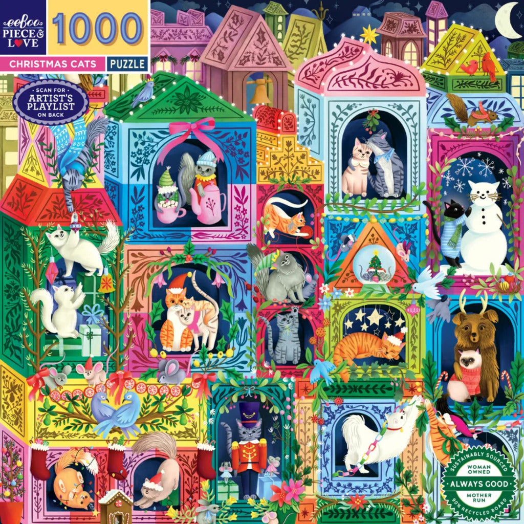 Completed Christmas Cats puzzle, 58 x 58 cm, showing playful cats in a cosy Christmas home scene