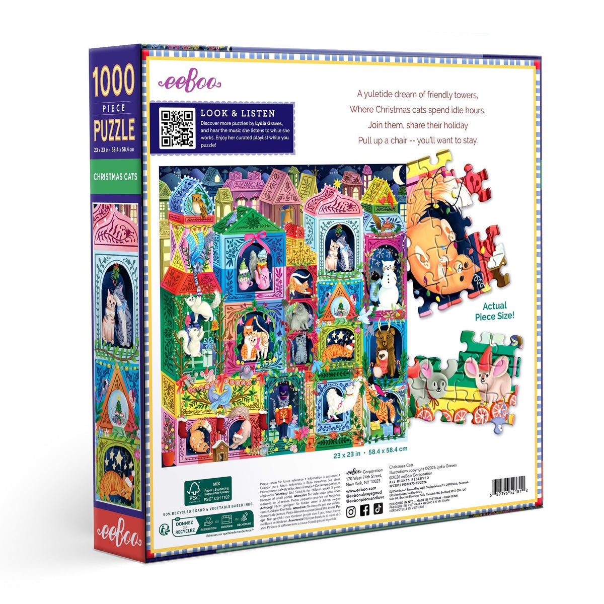 Back of eeBoo Christmas Cats 1000 piece jigsaw puzzle box showing Lydia Graves' festive cat artwork, artist's playlist QR code and sample puzzle pieces.