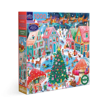eeBoo Christmas Flight 1000 piece jigsaw puzzle box showing Santa's sleigh flying over a North Pole village
