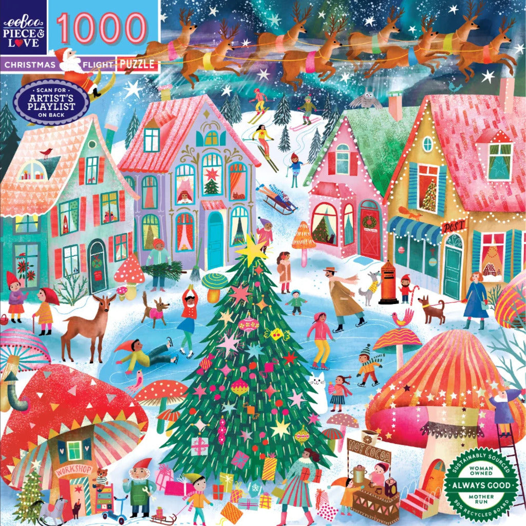 Completed Christmas Flight puzzle, 58 x 58 cm, showing Santa's sleigh flying over a North Pole village