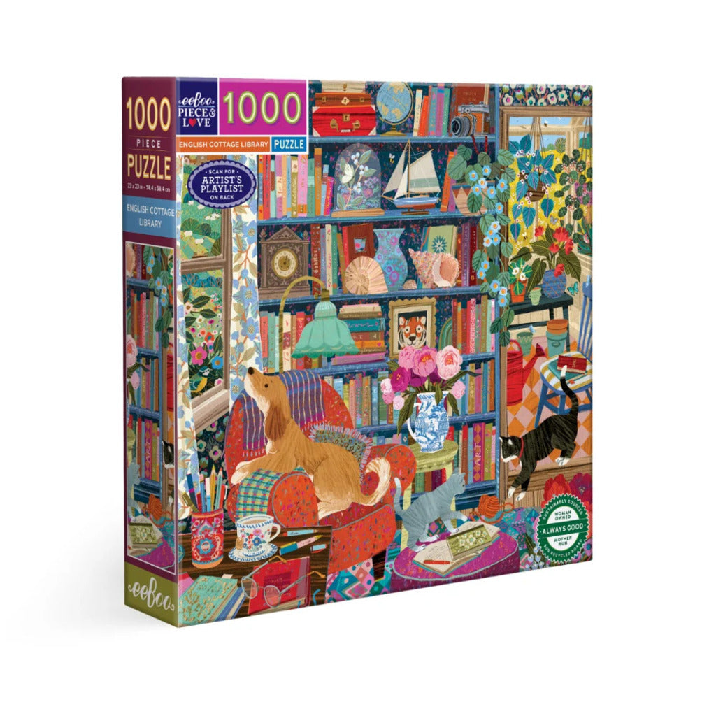 eeBoo English Cottage Library 1000 piece jigsaw puzzle box showing a cosy English cottage library lined with books