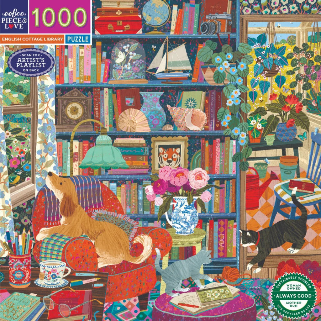 Completed English Cottage Library puzzle, 58 x 58 cm, showing a cosy English cottage library lined with books
