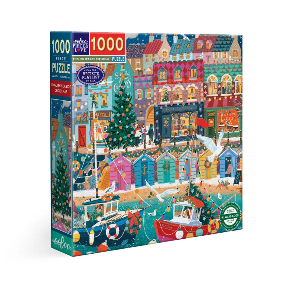 eeBoo English Seaside Christmas 1000 piece jigsaw puzzle box showing a seaside promenade and pier decorated for Christmas