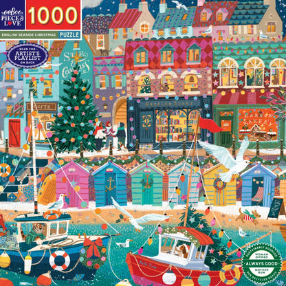 Completed English Seaside Christmas puzzle, 58 x 58 cm, showing a seaside promenade and pier decorated for Christmas