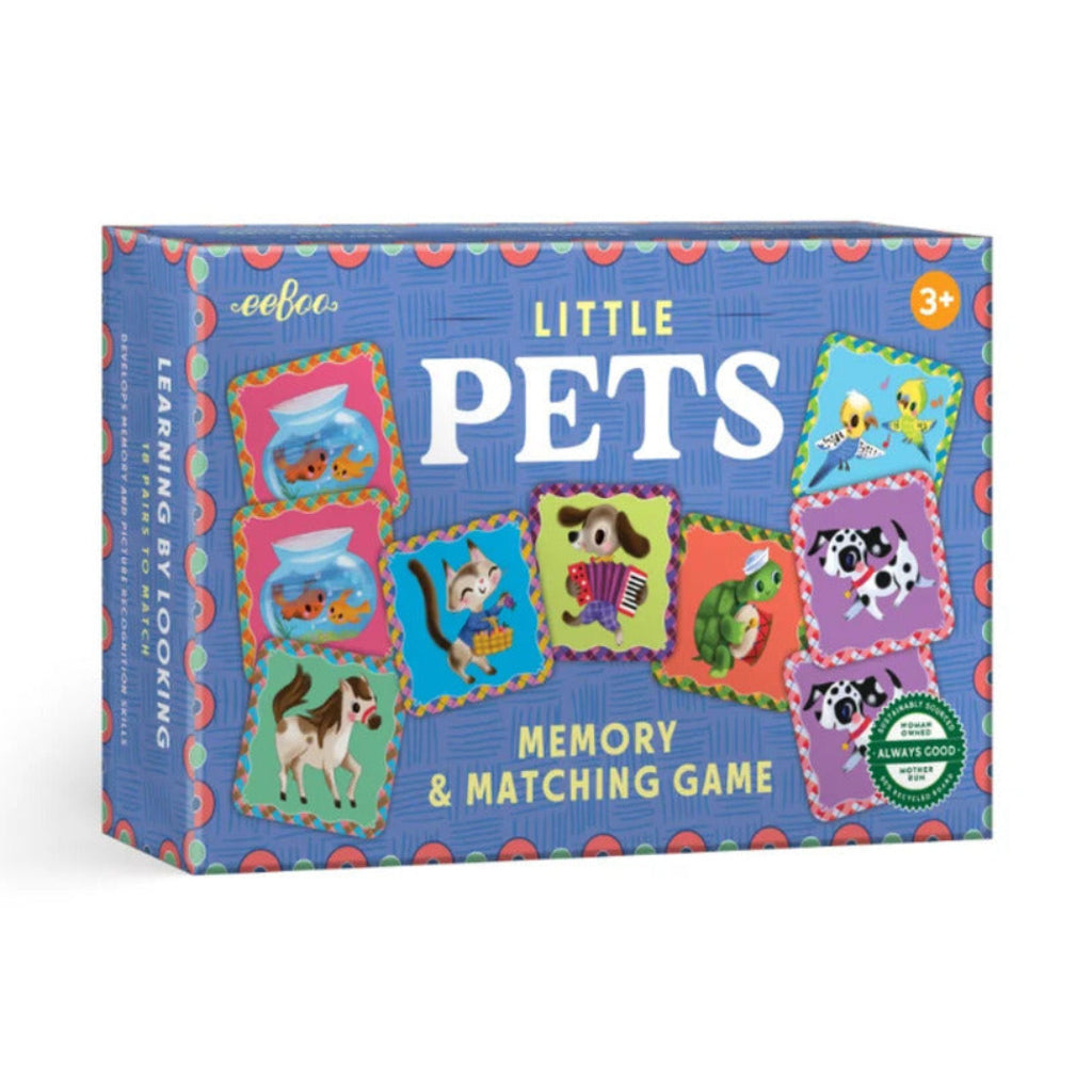 eeBoo Little Pets memory matching game for kids in a compact travel box with 18 pairs of tiles