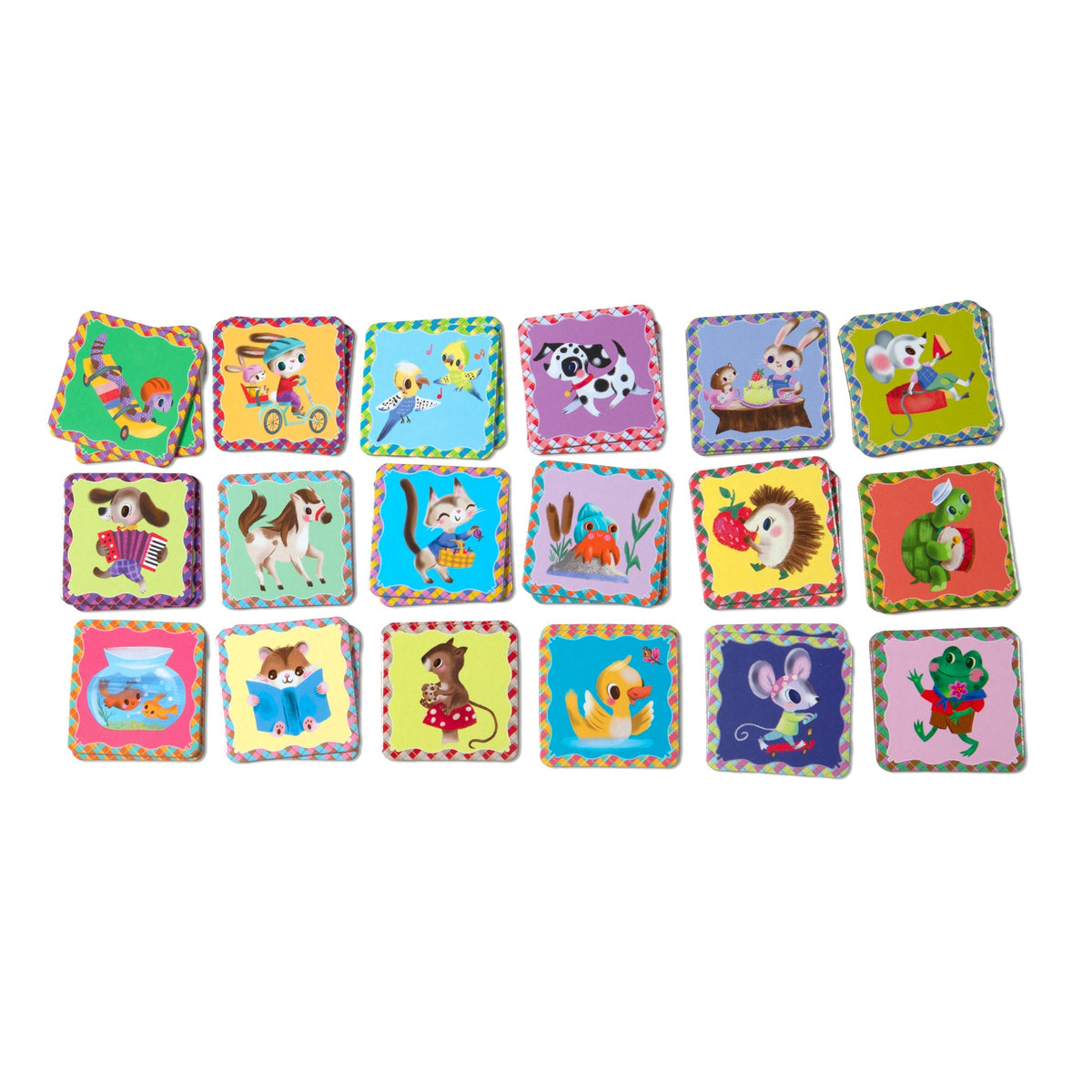 Selection of 18 illustrated animal card designs from eeBoo Little Pets Memory & Matching Game, featuring dogs, cats, rabbits, birds, fish, turtles and other pets.
