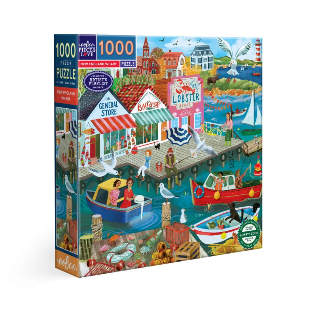 eeBoo New England Wharf 1000 piece jigsaw puzzle box showing a New England harbour wharf with sailing boats