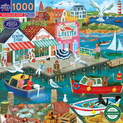 Completed New England Wharf puzzle, 58 x 58 cm, showing a New England harbour wharf with sailing boats