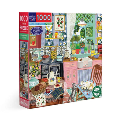 eeBoo Strawberry Kitchen 1000 piece jigsaw puzzle box showing a sunny cottage kitchen filled with fresh strawberries