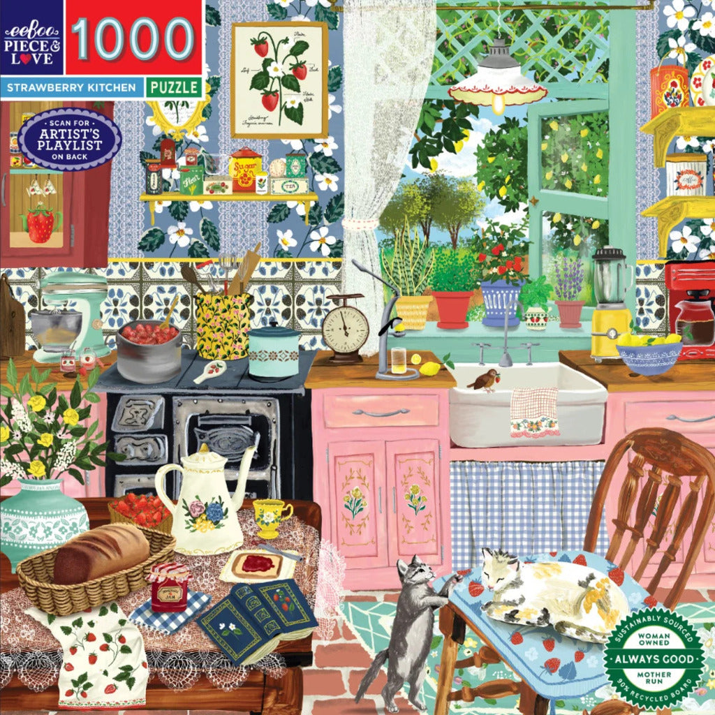 Completed Strawberry Kitchen puzzle, 58 x 58 cm, showing a sunny cottage kitchen filled with fresh strawberries