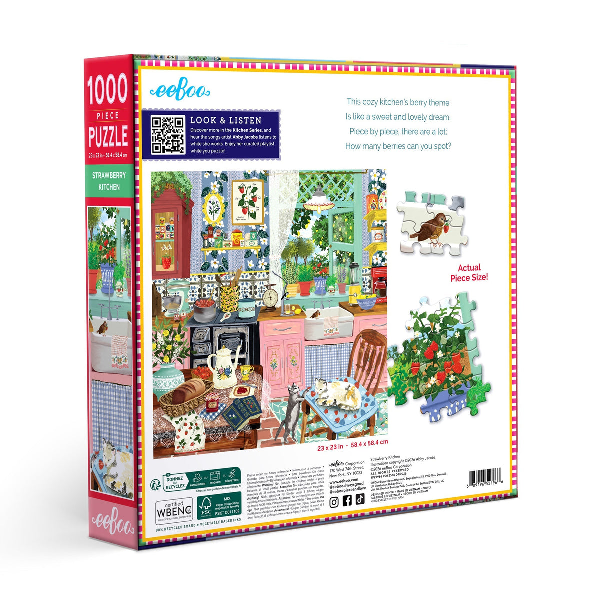 Back of eeBoo Strawberry Kitchen 1000 piece puzzle box showing the full artwork, artist's playlist QR code, sample puzzle pieces and product information.