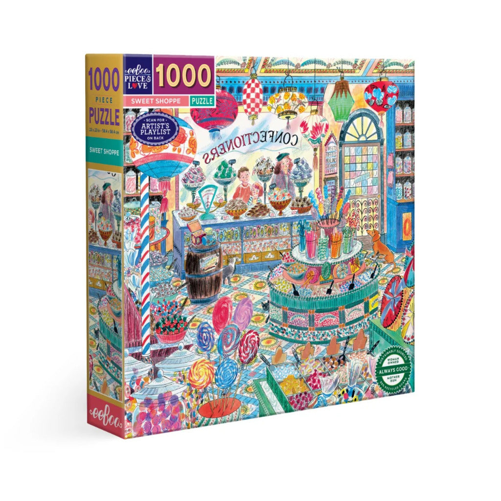 eeBoo Sweet Shoppe 1000 piece jigsaw puzzle box showing an old-fashioned lolly shop packed with jars of sweets