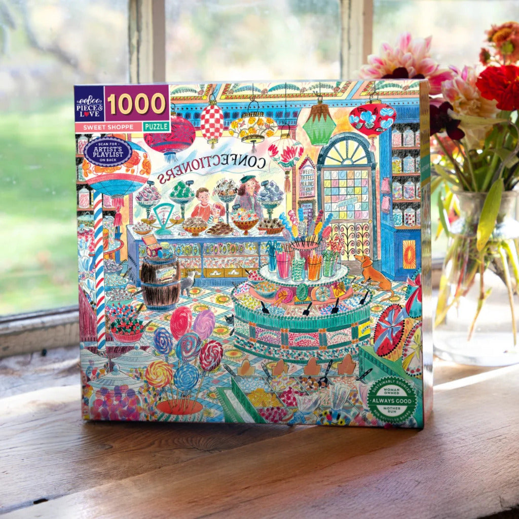Sturdy double-coated pieces from the Sweet Shoppe 1000 piece jigsaw puzzle by eeBoo