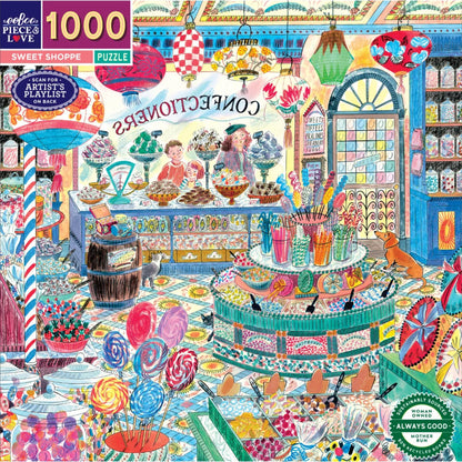 Completed Sweet Shoppe puzzle, 58 x 58 cm, showing an old-fashioned lolly shop packed with jars of sweets