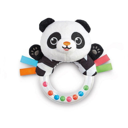 ELC black and white sensory baby panda rattle with colourful beads and ribbon tags