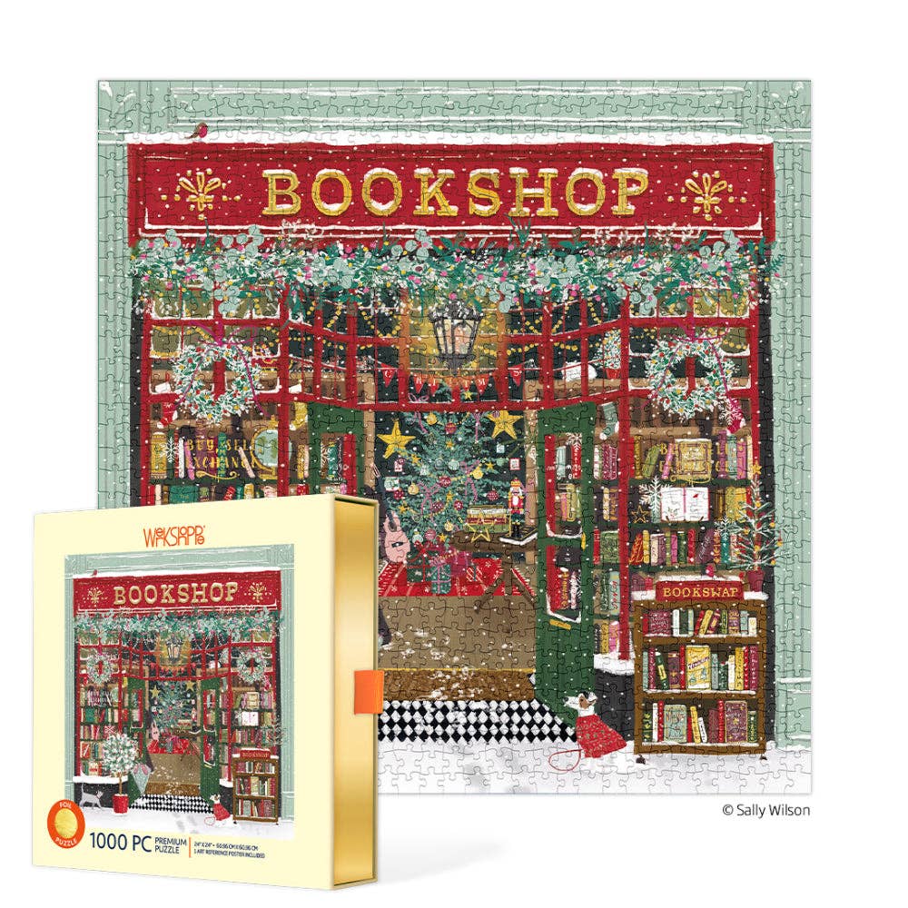 WerkShoppe 1000pc - Gold Foil Festive Bookshop - Slip Box Puzzle
