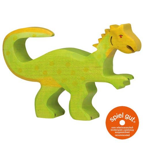 Holztiger Oviraptor handcrafted wooden dinosaur figure with green body, yellow head and raised tail