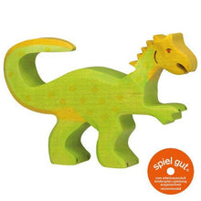 Holztiger Oviraptor handcrafted wooden dinosaur figure with green body, yellow head and raised tail