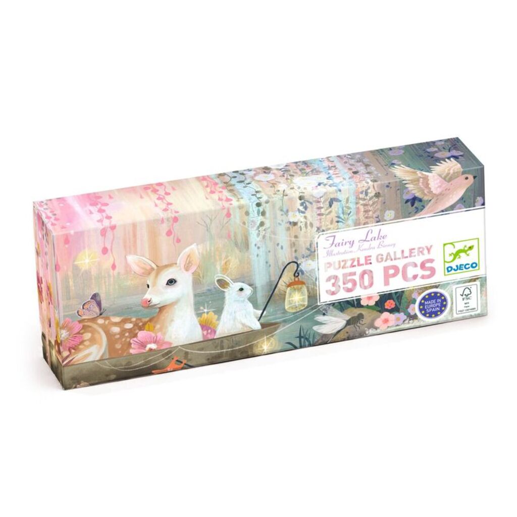 Djeco Fairy Lake 350-piece Gallery jigsaw puzzle featuring a magical lakeside world, waterfall and birds