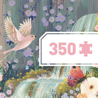 completed Djeco Fairy Lake puzzle showing a detailed panoramic landscape with a waterfall and peaceful natural scenery