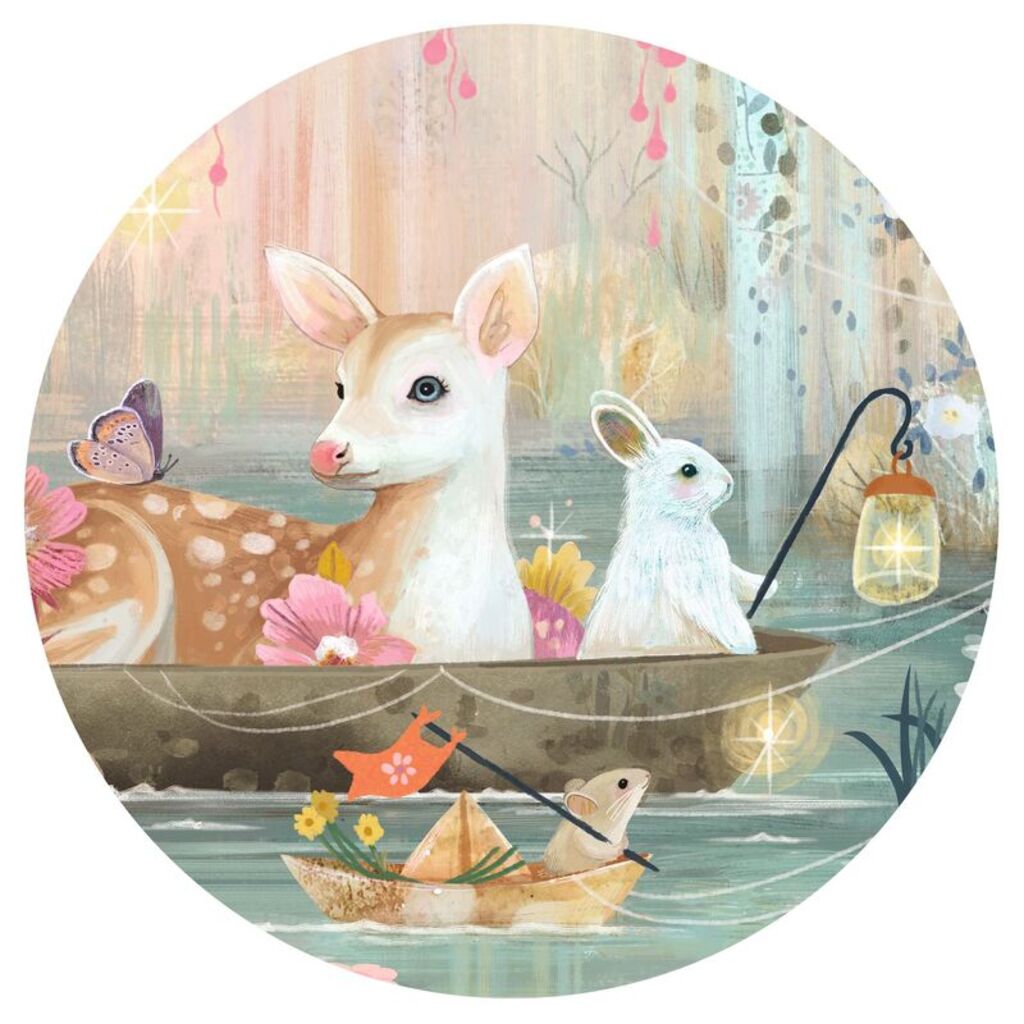 close-up detail of the Fairy Lake illustration showing the waterfall and lakeside birds