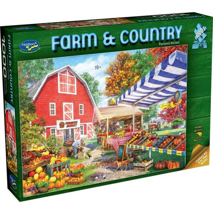 Holdson Farm and Country Farmers Market 1000 piece jigsaw puzzle box filled with market day stalls