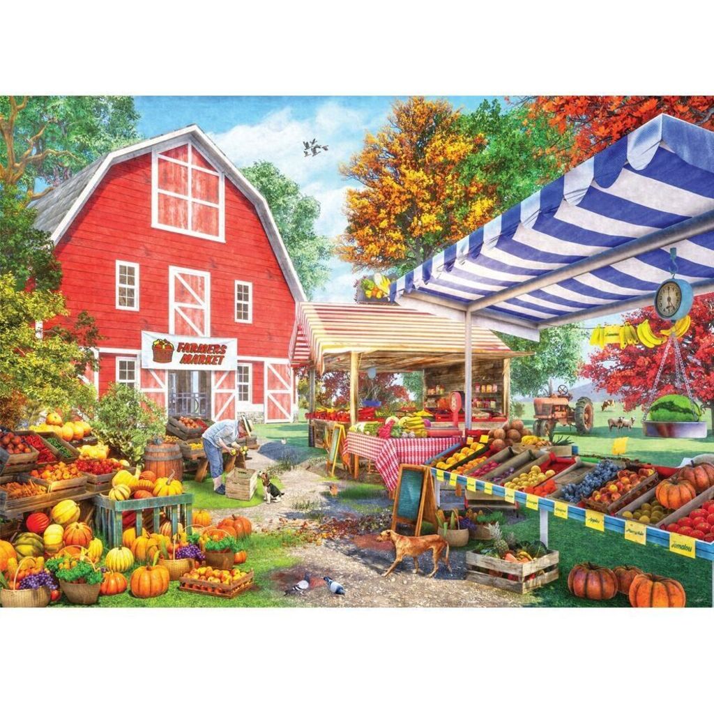 Farmers Market artwork detail showing trestle tables of vegetables and flowers under striped awnings