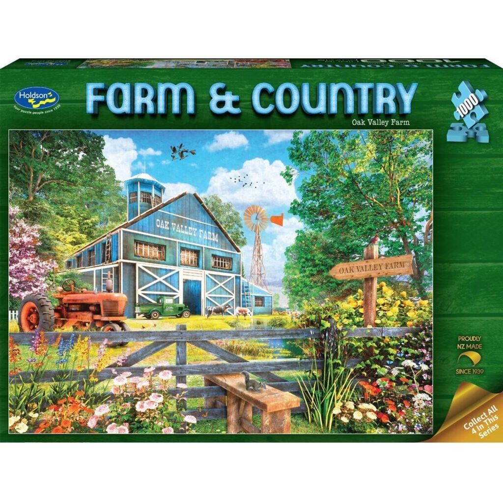 Holdson Farm and Country Oak Farm 1000 piece jigsaw puzzle box showing a homestead under mature oaks