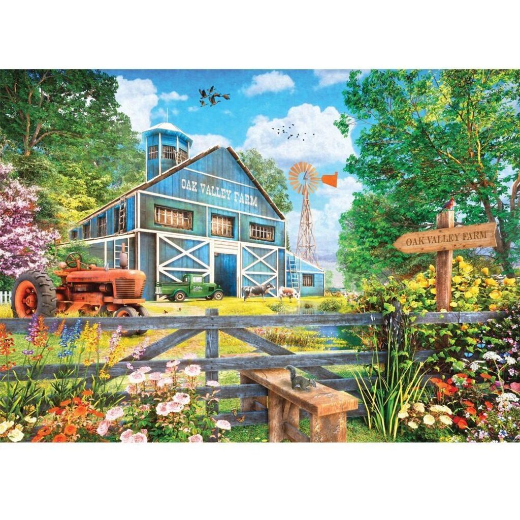 Oak Farm artwork detail with the farmhouse and its outbuildings sitting beneath dense oak canopy