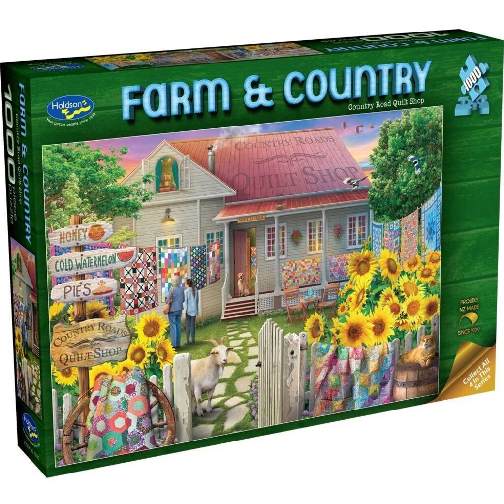 Holdson Farm and Country Quilt Shop 1000 piece jigsaw puzzle box set inside a country patchwork store