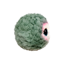 Feathers the Grey Owl 10cm Ty plush with the red Ty Heart swing tag attached, on a plain white background