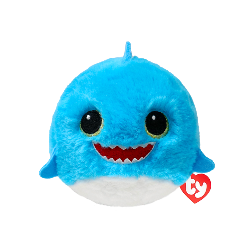 Fins the Blue Shark 10cm Ty Beanie Bouncer plush toy photographed front-on on a plain white background