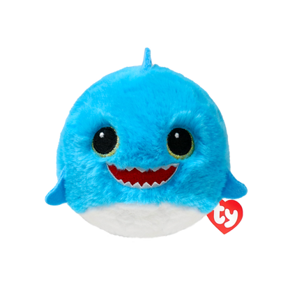 Fins the Blue Shark 10cm Ty Beanie Bouncer plush toy photographed front-on on a plain white background