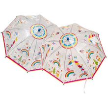 Floss & Rock Rainbow Fairy transparent colour changing children's umbrella featuring magical fairies, unicorns and rainbows that change colour in the rain.
