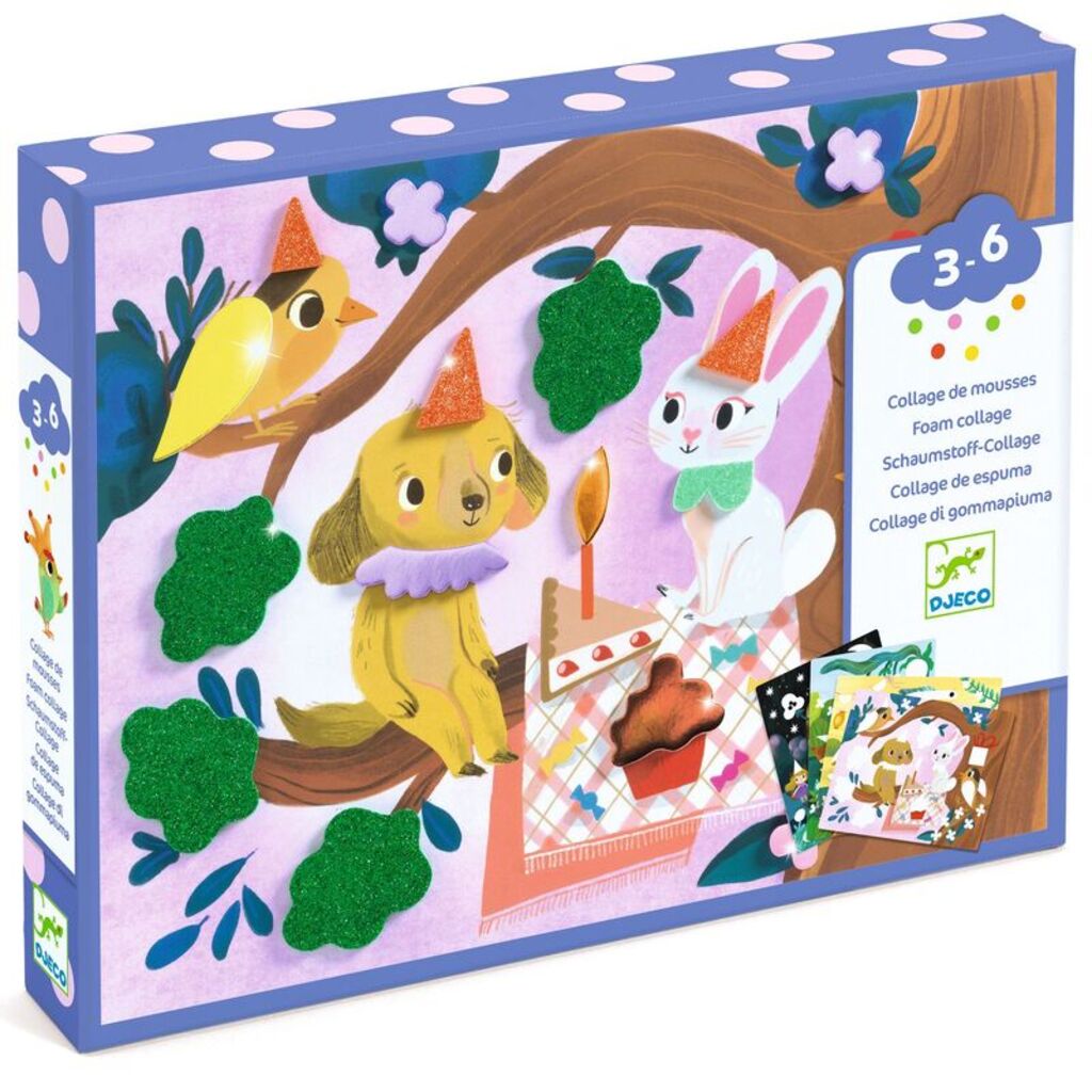 Djeco foam collage activity kit with four sparkling animal party scenes and colourful craft pieces