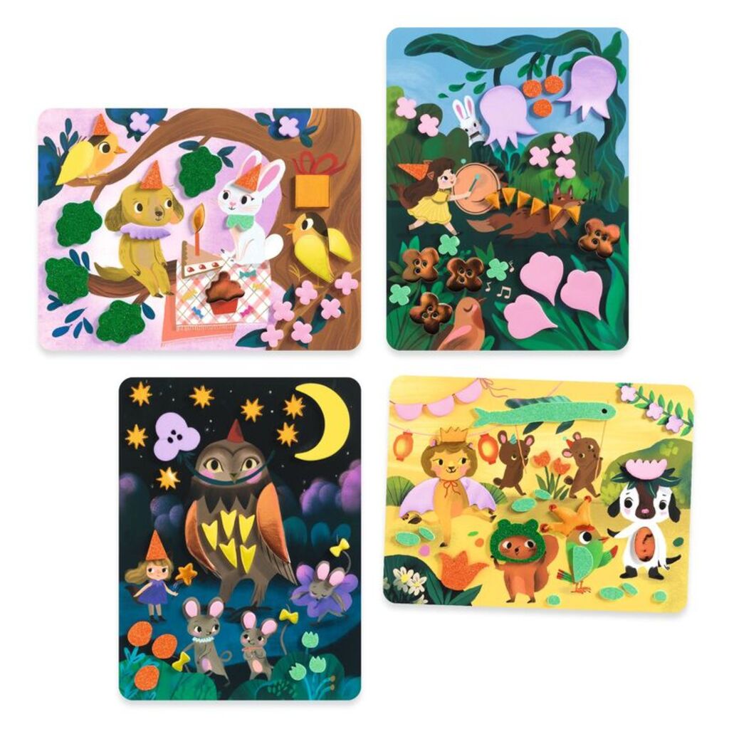 four illustrated animal party boards for Djeco Sparkling Parties foam collage activity