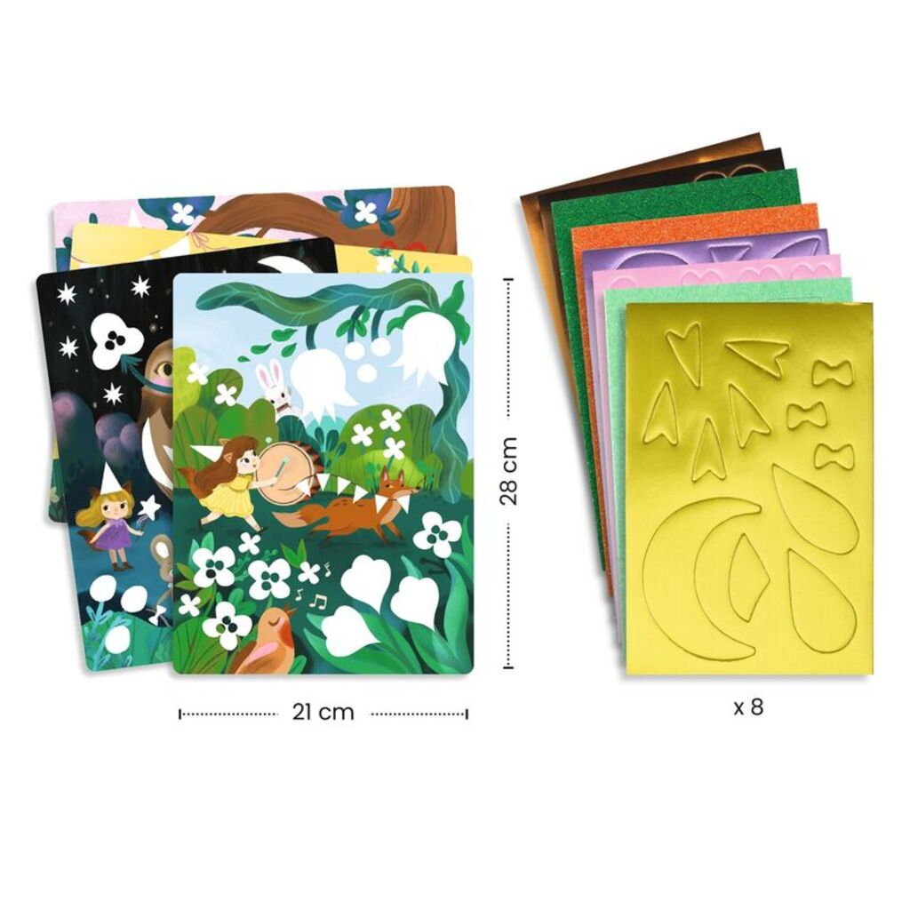 child-friendly foam collage artwork showing colourful animal party scenes with sparkling details