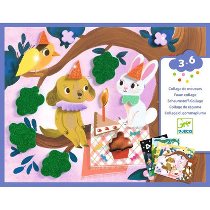 Children's foam collage kit with animals and a tree, featuring Djeco branding.