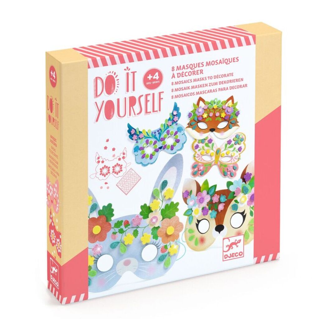 Djeco DIY Forest Animals mosaic mask craft kit with eight colourful animal masks and sparkling stickers