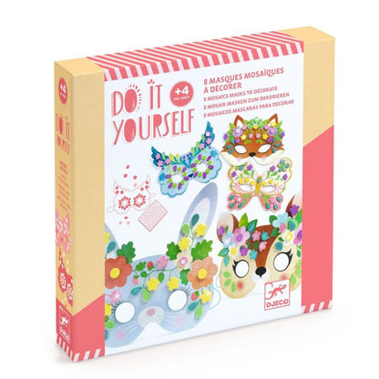 Djeco DIY Forest Animals mosaic mask craft kit with eight colourful animal masks and sparkling stickers