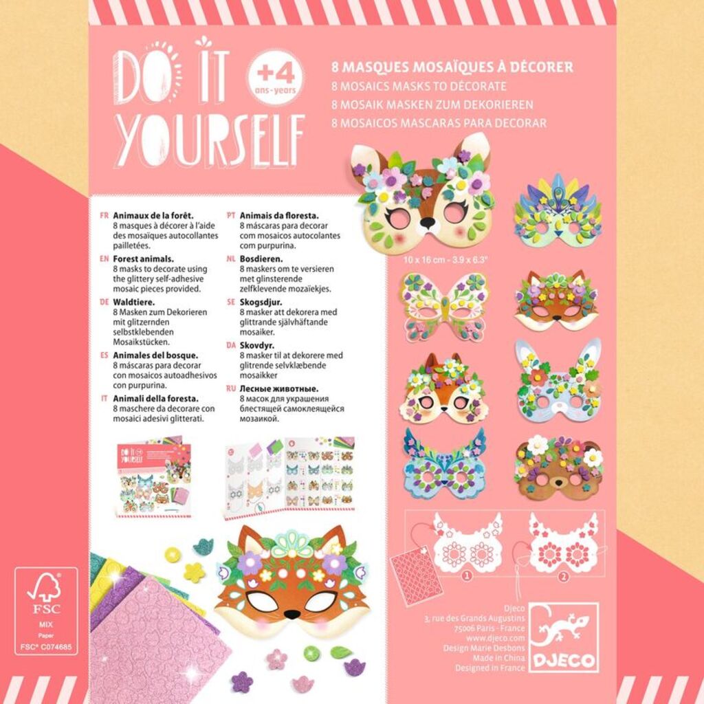 instruction sheet showing which mosaic colours belong on each Djeco forest animal mask