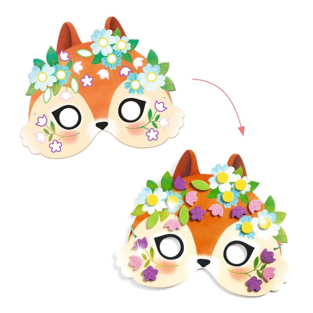 children wearing completed sparkling forest animal masks created with Djeco DIY mosaic craft kit