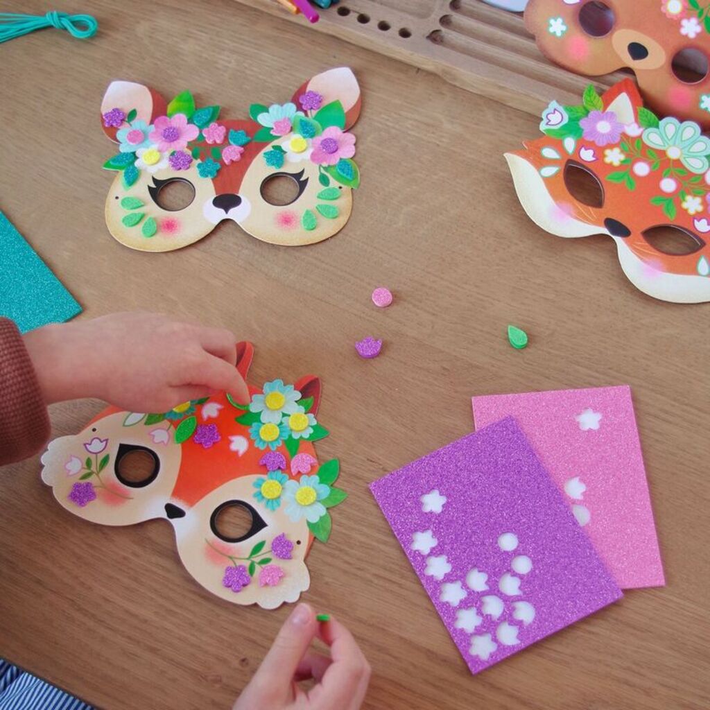 elastic ties fitted to a finished Djeco forest animal mask, ready for a child to wear