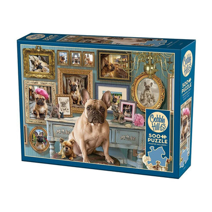 French Bulldog 500 piece puzzle with gallery wall of Frenchie portraits by Cobble Hill