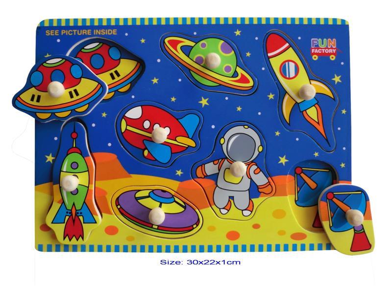 Fun Factory Space Peg Puzzle 8 piece wooden toddler puzzle with rockets and planets